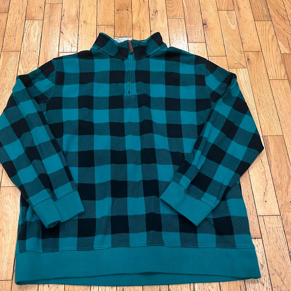 LANDS’ END Men’s green and black buffalo plaid 1/4 zip knitted sweater. Size XL
